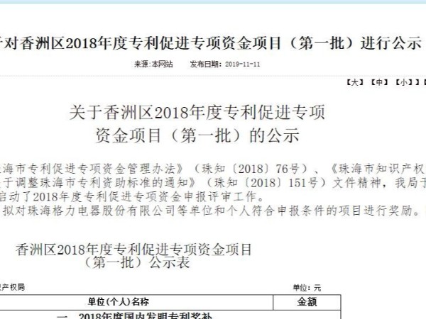 關(guān)于對香洲區2018年度專(zhuān)利促進(jìn)專(zhuān)項資金項目（第一批）進(jìn)行公示